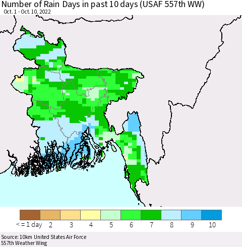 Bangladesh Number of Rain Days in past 10 days (USAF 557th WW) Thematic Map For 10/6/2022 - 10/10/2022