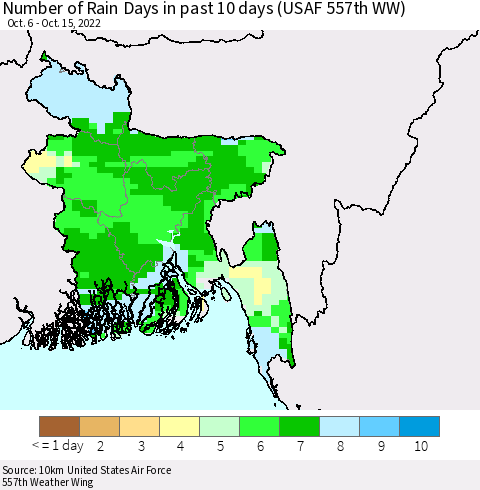 Bangladesh Number of Rain Days in past 10 days (USAF 557th WW) Thematic Map For 10/11/2022 - 10/15/2022