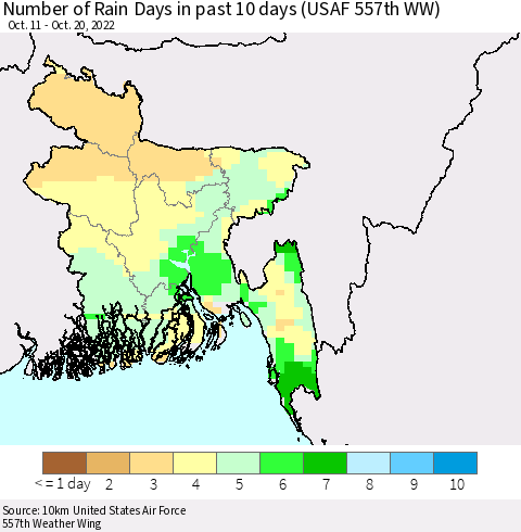 Bangladesh Number of Rain Days in past 10 days (USAF 557th WW) Thematic Map For 10/16/2022 - 10/20/2022