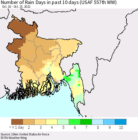 Bangladesh Number of Rain Days in past 10 days (USAF 557th WW) Thematic Map For 10/21/2022 - 10/25/2022