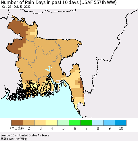Bangladesh Number of Rain Days in past 10 days (USAF 557th WW) Thematic Map For 10/26/2022 - 10/31/2022