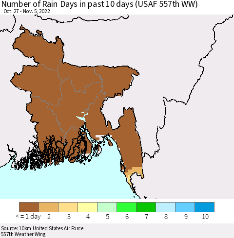 Bangladesh Number of Rain Days in past 10 days (USAF 557th WW) Thematic Map For 11/1/2022 - 11/5/2022