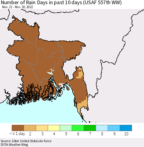 Bangladesh Number of Rain Days in past 10 days (USAF 557th WW) Thematic Map For 11/26/2022 - 11/30/2022