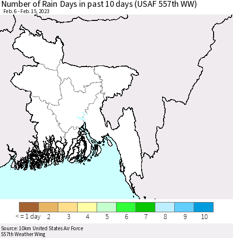 Bangladesh Number of Rain Days in past 10 days (USAF 557th WW) Thematic Map For 2/11/2023 - 2/15/2023