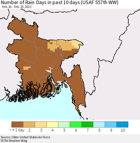 Bangladesh Number of Rain Days in past 10 days (USAF 557th WW) Thematic Map For 2/21/2023 - 2/25/2023