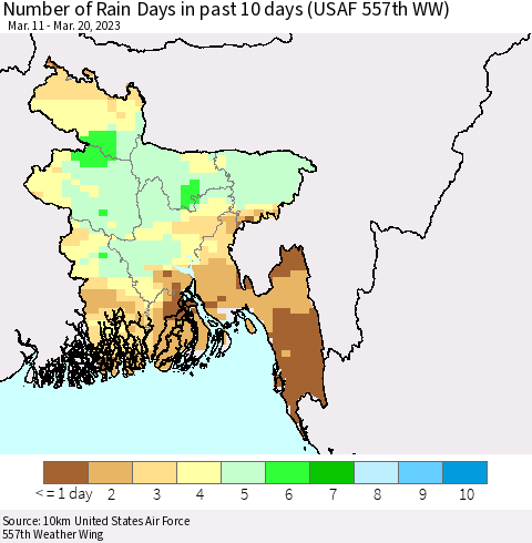 Bangladesh Number of Rain Days in past 10 days (USAF 557th WW) Thematic Map For 3/16/2023 - 3/20/2023