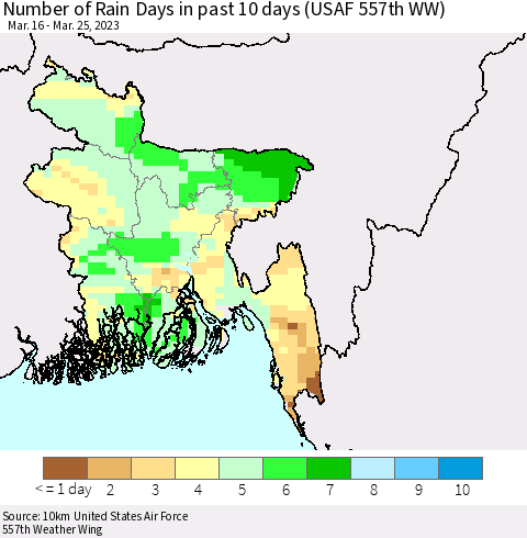 Bangladesh Number of Rain Days in past 10 days (USAF 557th WW) Thematic Map For 3/21/2023 - 3/25/2023
