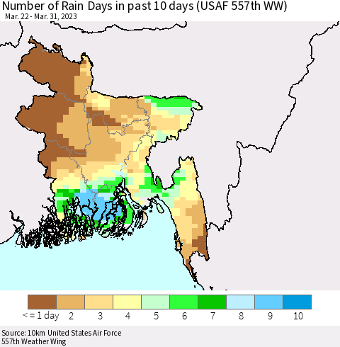 Bangladesh Number of Rain Days in past 10 days (USAF 557th WW) Thematic Map For 3/26/2023 - 3/31/2023