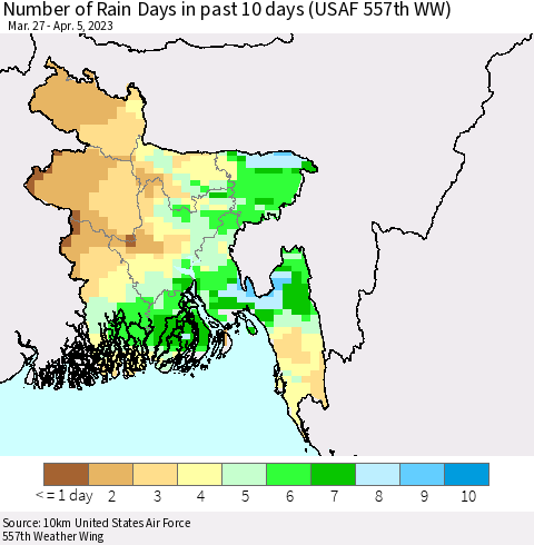Bangladesh Number of Rain Days in past 10 days (USAF 557th WW) Thematic Map For 4/1/2023 - 4/5/2023