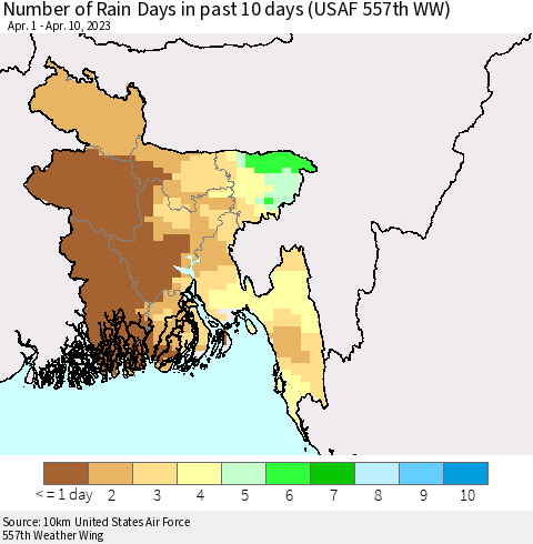 Bangladesh Number of Rain Days in past 10 days (USAF 557th WW) Thematic Map For 4/6/2023 - 4/10/2023