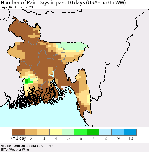 Bangladesh Number of Rain Days in past 10 days (USAF 557th WW) Thematic Map For 4/21/2023 - 4/25/2023
