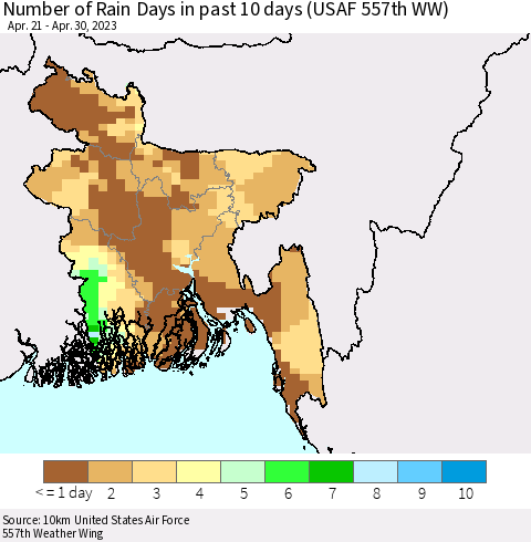 Bangladesh Number of Rain Days in past 10 days (USAF 557th WW) Thematic Map For 4/26/2023 - 4/30/2023