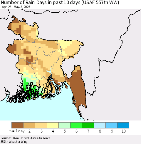 Bangladesh Number of Rain Days in past 10 days (USAF 557th WW) Thematic Map For 5/1/2023 - 5/5/2023