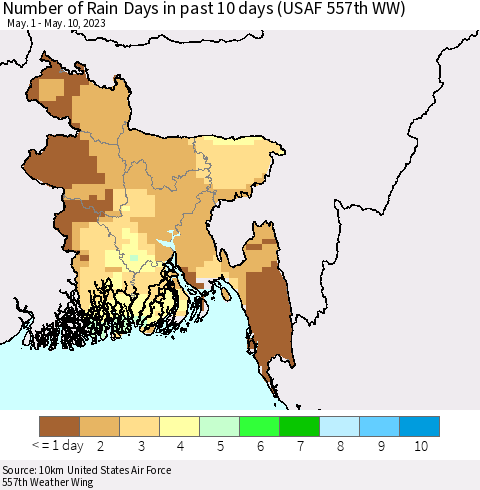 Bangladesh Number of Rain Days in past 10 days (USAF 557th WW) Thematic Map For 5/6/2023 - 5/10/2023