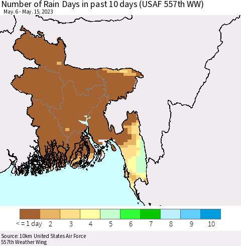 Bangladesh Number of Rain Days in past 10 days (USAF 557th WW) Thematic Map For 5/11/2023 - 5/15/2023