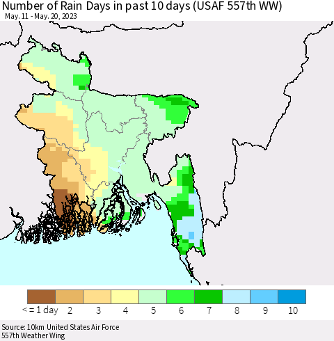 Bangladesh Number of Rain Days in past 10 days (USAF 557th WW) Thematic Map For 5/16/2023 - 5/20/2023
