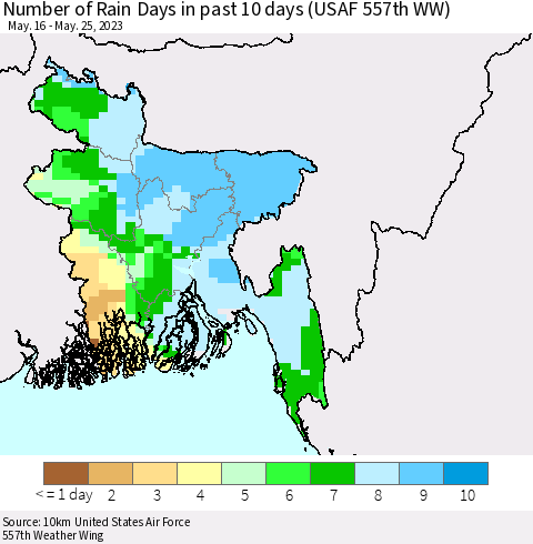 Bangladesh Number of Rain Days in past 10 days (USAF 557th WW) Thematic Map For 5/21/2023 - 5/25/2023