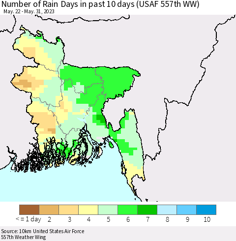 Bangladesh Number of Rain Days in past 10 days (USAF 557th WW) Thematic Map For 5/26/2023 - 5/31/2023