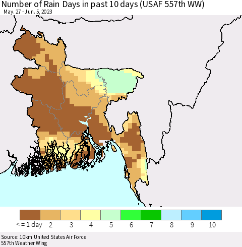 Bangladesh Number of Rain Days in past 10 days (USAF 557th WW) Thematic Map For 6/1/2023 - 6/5/2023