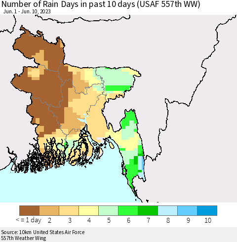 Bangladesh Number of Rain Days in past 10 days (USAF 557th WW) Thematic Map For 6/6/2023 - 6/10/2023