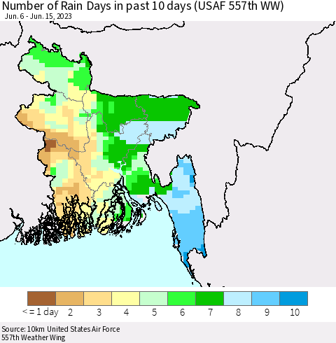 Bangladesh Number of Rain Days in past 10 days (USAF 557th WW) Thematic Map For 6/11/2023 - 6/15/2023
