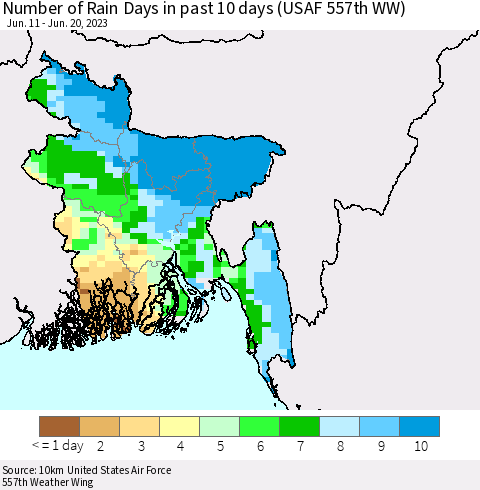 Bangladesh Number of Rain Days in past 10 days (USAF 557th WW) Thematic Map For 6/16/2023 - 6/20/2023