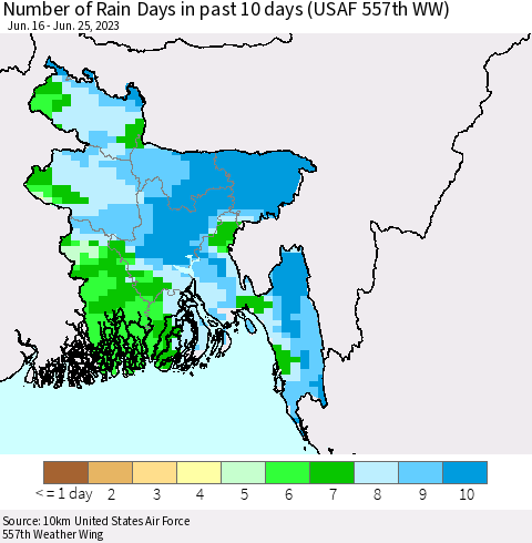 Bangladesh Number of Rain Days in past 10 days (USAF 557th WW) Thematic Map For 6/21/2023 - 6/25/2023