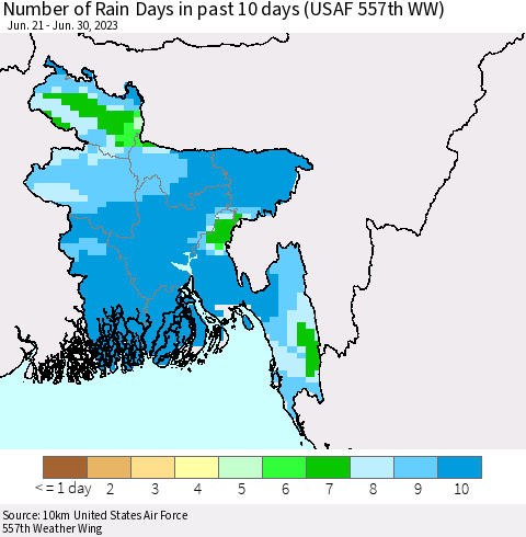 Bangladesh Number of Rain Days in past 10 days (USAF 557th WW) Thematic Map For 6/26/2023 - 6/30/2023