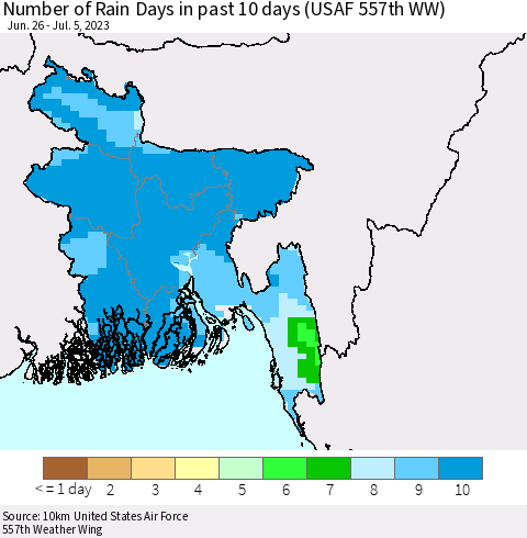Bangladesh Number of Rain Days in past 10 days (USAF 557th WW) Thematic Map For 7/1/2023 - 7/5/2023