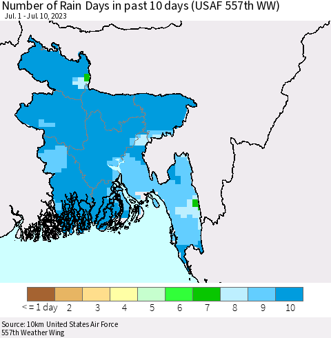 Bangladesh Number of Rain Days in past 10 days (USAF 557th WW) Thematic Map For 7/6/2023 - 7/10/2023