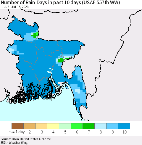 Bangladesh Number of Rain Days in past 10 days (USAF 557th WW) Thematic Map For 7/11/2023 - 7/15/2023