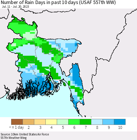 Bangladesh Number of Rain Days in past 10 days (USAF 557th WW) Thematic Map For 7/16/2023 - 7/20/2023