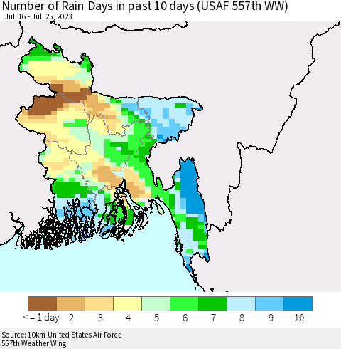 Bangladesh Number of Rain Days in past 10 days (USAF 557th WW) Thematic Map For 7/21/2023 - 7/25/2023