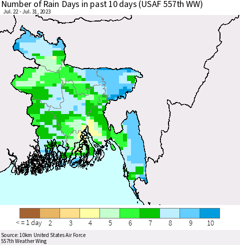 Bangladesh Number of Rain Days in past 10 days (USAF 557th WW) Thematic Map For 7/26/2023 - 7/31/2023