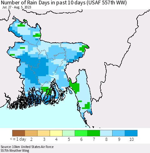 Bangladesh Number of Rain Days in past 10 days (USAF 557th WW) Thematic Map For 8/1/2023 - 8/5/2023