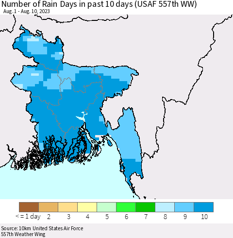 Bangladesh Number of Rain Days in past 10 days (USAF 557th WW) Thematic Map For 8/6/2023 - 8/10/2023