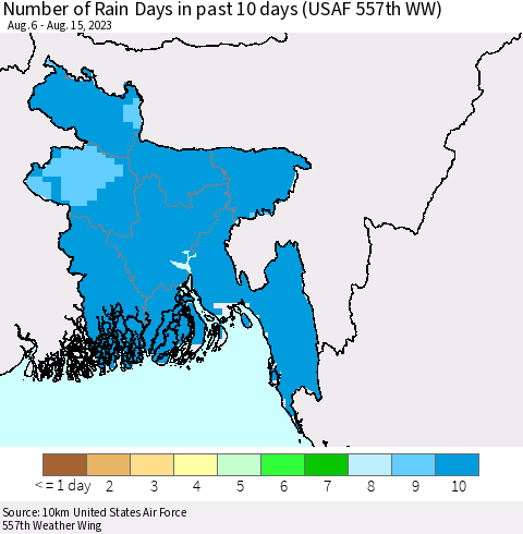 Bangladesh Number of Rain Days in past 10 days (USAF 557th WW) Thematic Map For 8/11/2023 - 8/15/2023