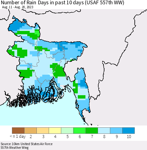 Bangladesh Number of Rain Days in past 10 days (USAF 557th WW) Thematic Map For 8/16/2023 - 8/20/2023