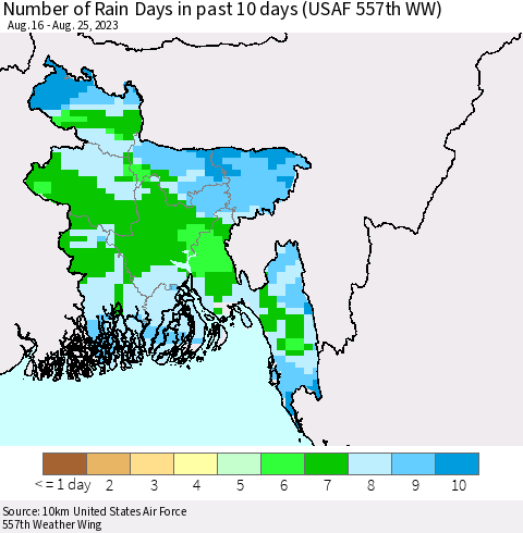 Bangladesh Number of Rain Days in past 10 days (USAF 557th WW) Thematic Map For 8/21/2023 - 8/25/2023