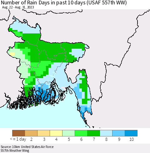 Bangladesh Number of Rain Days in past 10 days (USAF 557th WW) Thematic Map For 8/26/2023 - 8/31/2023