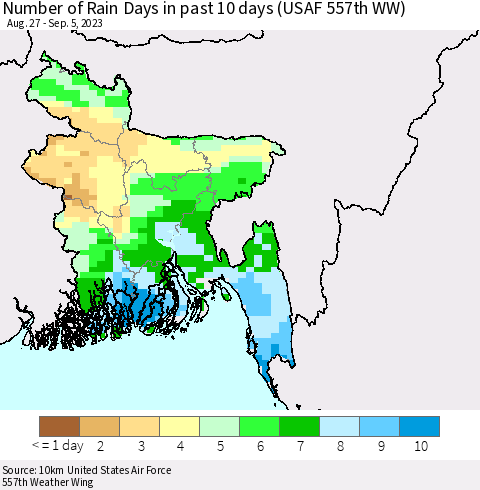 Bangladesh Number of Rain Days in past 10 days (USAF 557th WW) Thematic Map For 9/1/2023 - 9/5/2023