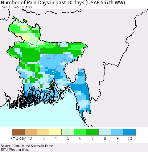 Bangladesh Number of Rain Days in past 10 days (USAF 557th WW) Thematic Map For 9/6/2023 - 9/10/2023