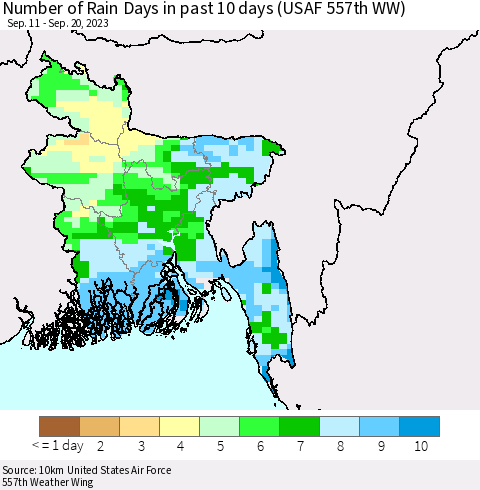 Bangladesh Number of Rain Days in past 10 days (USAF 557th WW) Thematic Map For 9/16/2023 - 9/20/2023