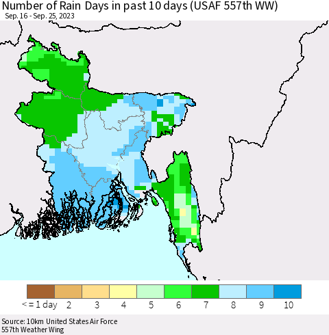 Bangladesh Number of Rain Days in past 10 days (USAF 557th WW) Thematic Map For 9/21/2023 - 9/25/2023