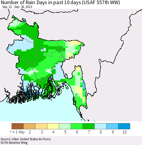 Bangladesh Number of Rain Days in past 10 days (USAF 557th WW) Thematic Map For 9/26/2023 - 9/30/2023