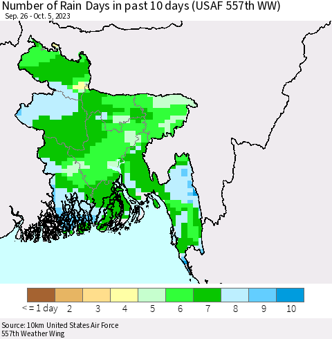 Bangladesh Number of Rain Days in past 10 days (USAF 557th WW) Thematic Map For 10/1/2023 - 10/5/2023