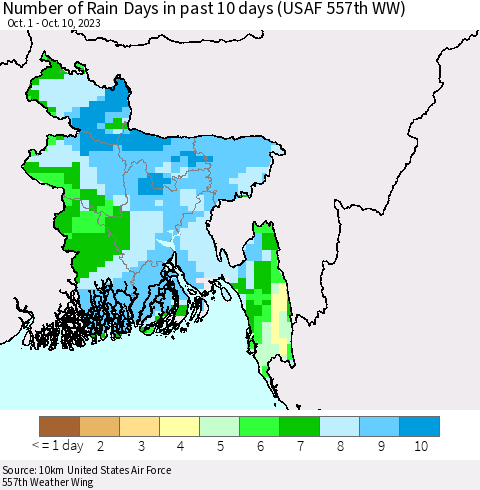 Bangladesh Number of Rain Days in past 10 days (USAF 557th WW) Thematic Map For 10/6/2023 - 10/10/2023