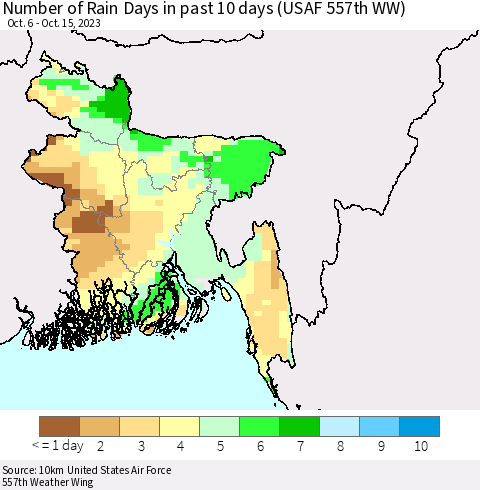 Bangladesh Number of Rain Days in past 10 days (USAF 557th WW) Thematic Map For 10/11/2023 - 10/15/2023