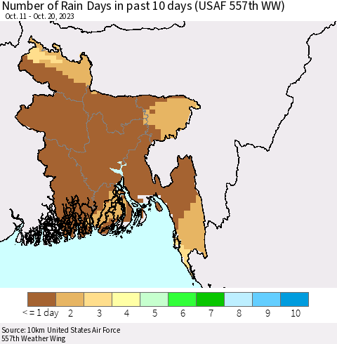 Bangladesh Number of Rain Days in past 10 days (USAF 557th WW) Thematic Map For 10/16/2023 - 10/20/2023