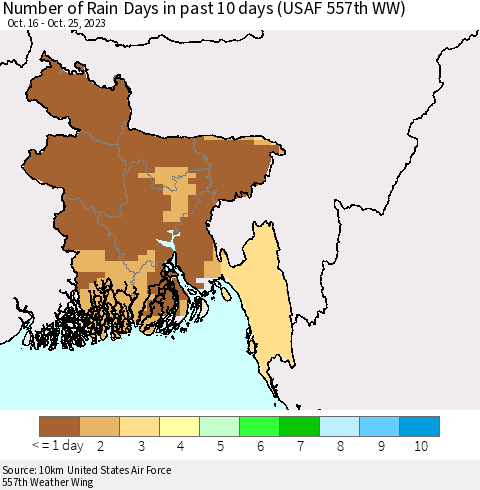 Bangladesh Number of Rain Days in past 10 days (USAF 557th WW) Thematic Map For 10/21/2023 - 10/25/2023